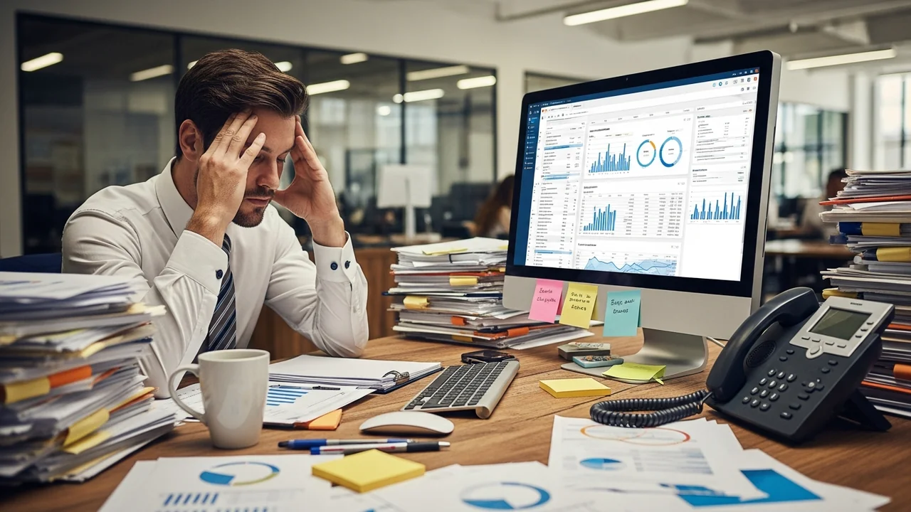 a cluttered office desk with stacks of paper, open spreadsheets on a computer sc