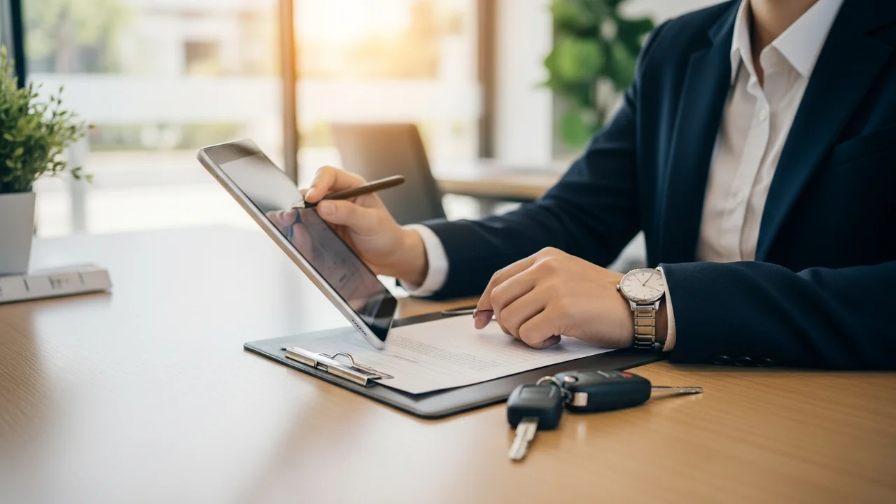 a modern car rental office with a clean, organized desk, an employee smiling whi